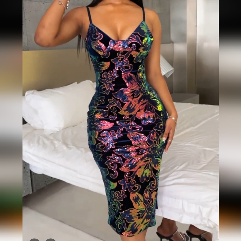 Rainbow Iridescent Sequin Floral Midi Dress W/Deep V Neck & High Thigh Split (S) - Picture 6 of 10